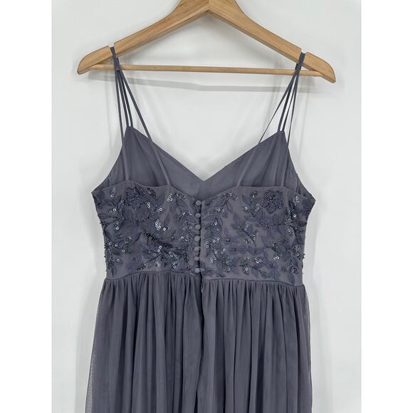 BHLDN Elowen Maxi Dress V Neck Floral Sequin Beaded Tulle Long Formal Gown Steel - Picture 7 of 13